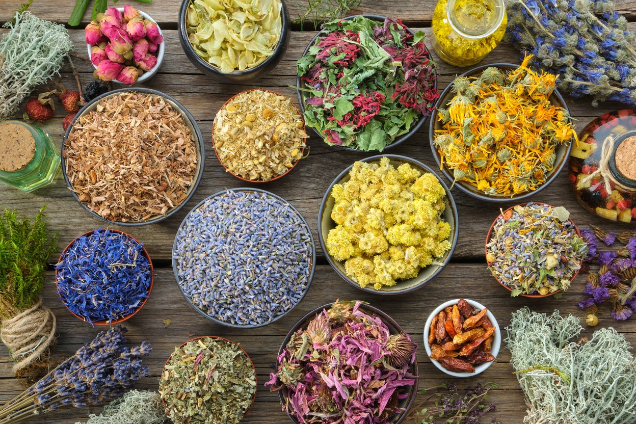 Bowls of Dry Medicinal Herbs